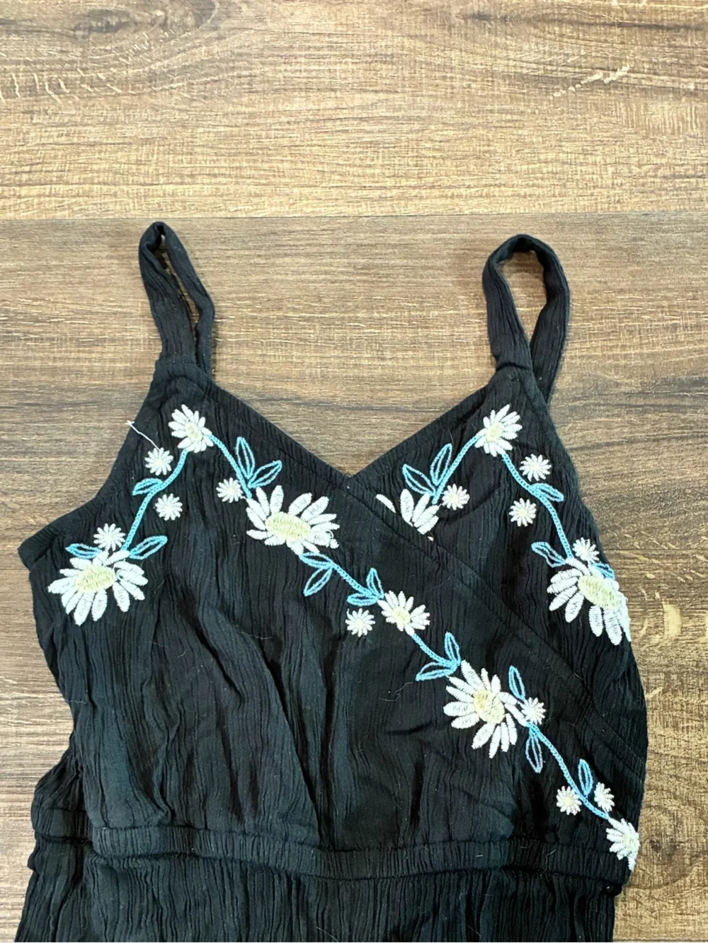 Justice Girls Crinkle Crepe Textured Black Cami Jumpsuit with Floral Embroidery